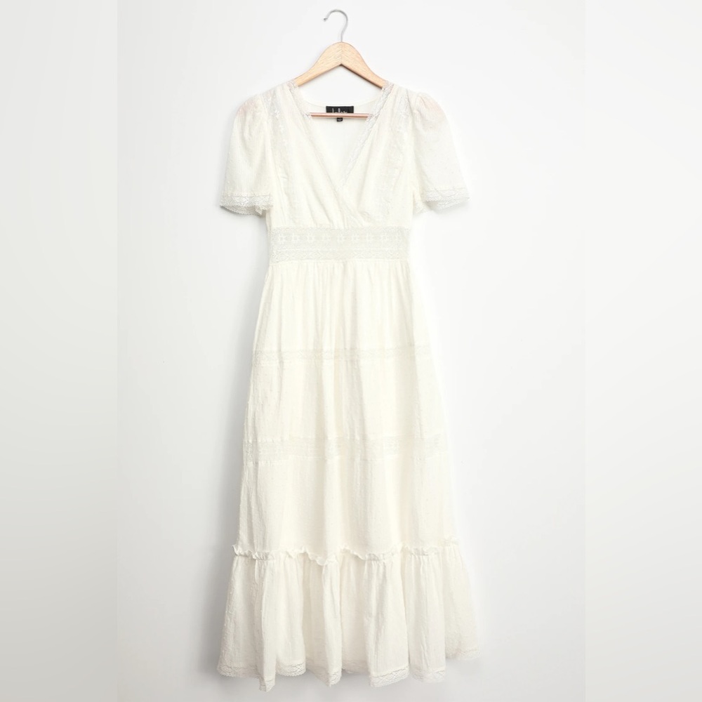 Lulus Folklore White Swiss Dot Lace Tiered Midi Dress